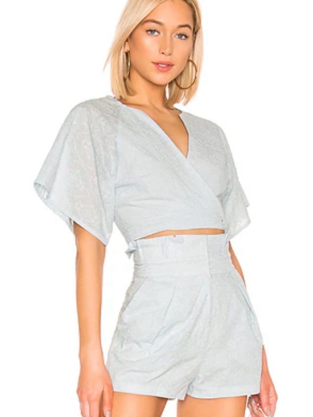 Revolve Telarosa High Waist Light Blue  Wrap Crop Top & Shorts Set
